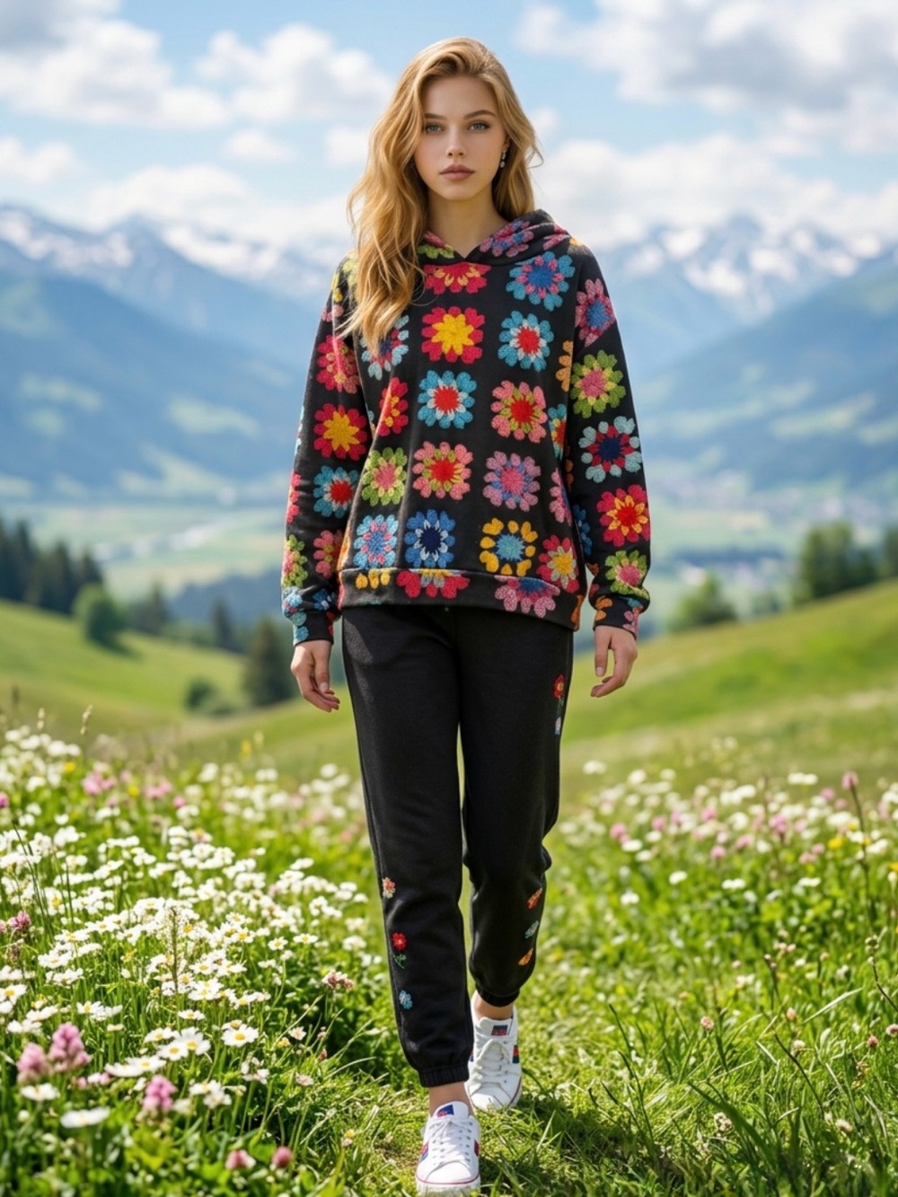 Black Floral Fleece Hoodie — Multicolor Flower Print